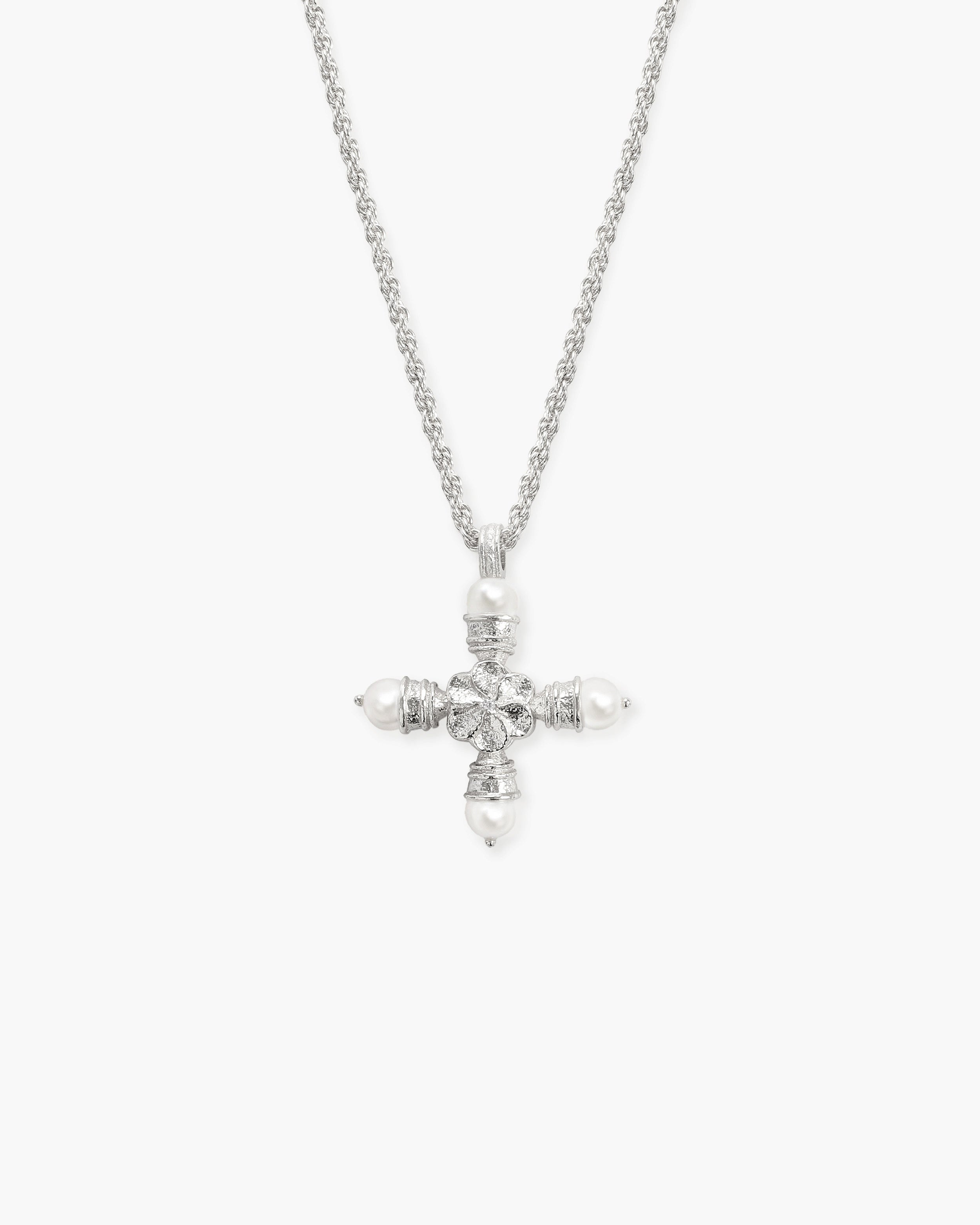 Florence Pearl Cross Necklace in Silver